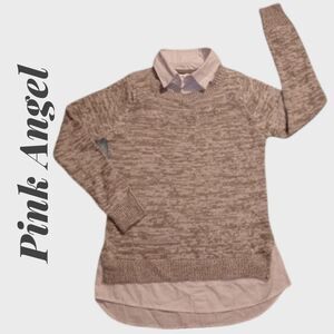 Pink Angel Gray 2-in-1 Mock Layer Sweater with Faux White Undershirt